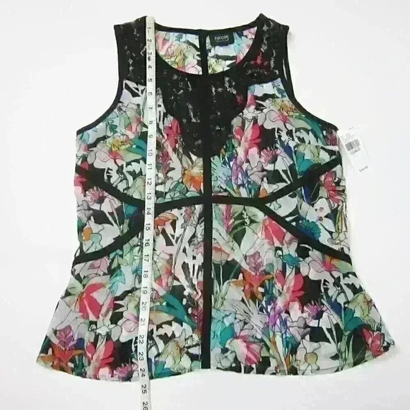 Sleeveless Top Medium Blouse Black Lace Neck & Multicolor Floral Print Flowy NEW - Picture 16 of 16